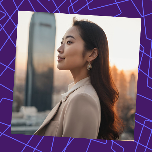 Person in profile view outdoors in a city setting, framed by decorative graphic elements.