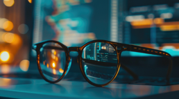 Eyeglasses in front of computer screens displaying data and charts.