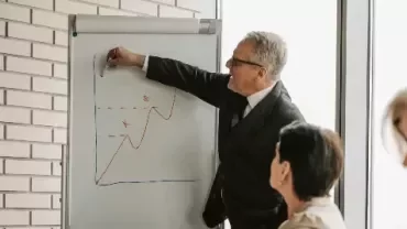 Professional presenting data trends on a flip chart during a workplace meeting