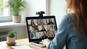 Person participating in a video conference on a laptop.